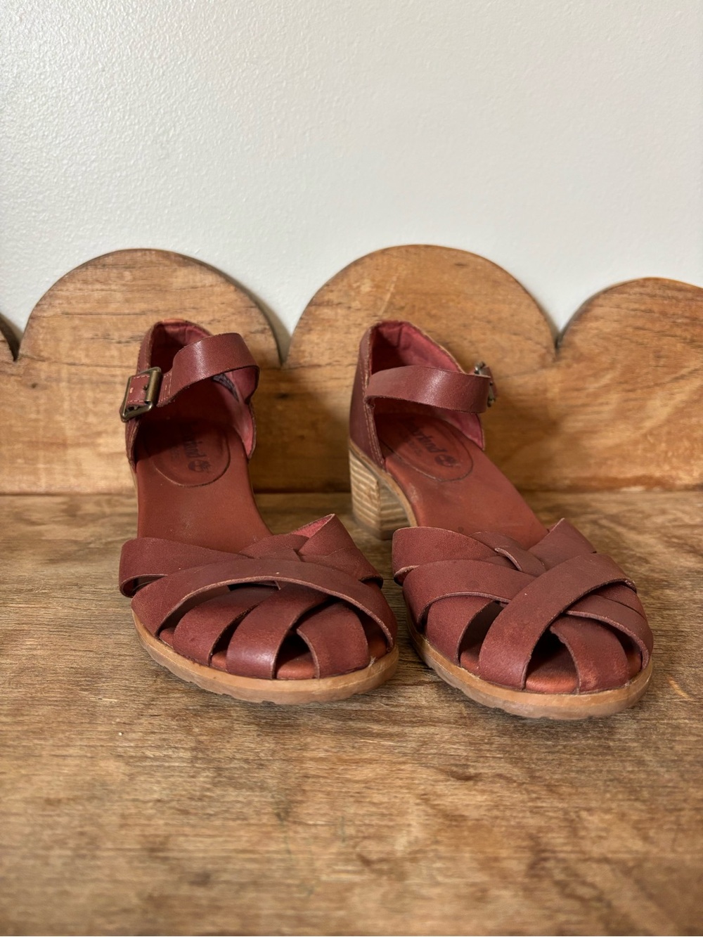 Timberland Braided Leather Ankle-Strap Heels in Brick Brown